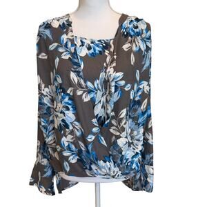 Chico's Blouse Top Shirt Size 2 Large 12/14 Grey Blue Floral Surplice Faux Wrap